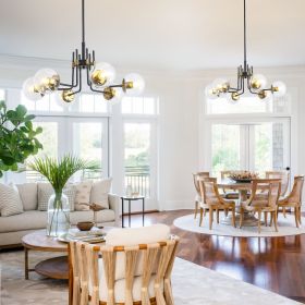 Modern American style chandelier-black gold iron-glass lampshade -6 bulbs (Color: as Pic)